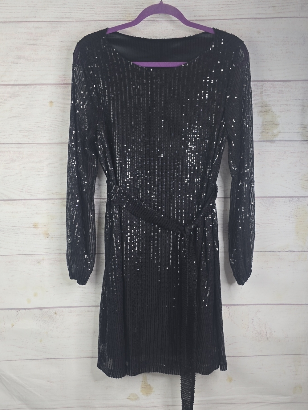 Black Sequin Long Sleeve Belted Dress Sz LARGE